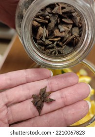 Star Anise Flower, Which Lies On The Female Palm. Next To It Is A Glass Jar With Star Anise.