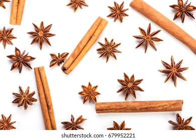  Star Anise Spice And Cinnamon Stick Pattern Decoration On White Background