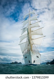 Star Clipper Cruis Sailboat With Sails Open At Sea