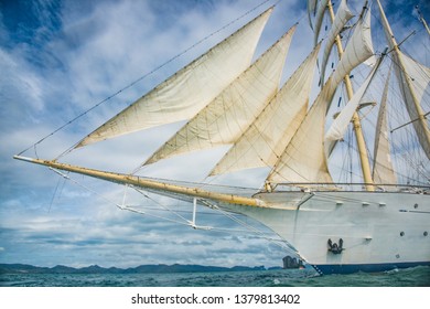 Star Clipper Cruis Sailboat With Sails Open At Sea