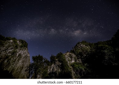 Star Gazing With Milky Way Across Frame On Side Of Mountain