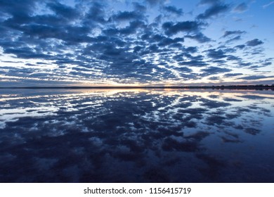 Star Gazing And Sunrise Over Lake Bumbunga, Lochiel's Pink Lake, Salt Lake, Clare Valley, South Australia With Refeleciton Over Water.