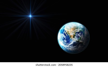 Star of jesus. Planet Earth on black background with bright star. Christmas Star of Bethlehem Nativity, christmas of Jesus Christ. Elements of this image furnished by NASA.