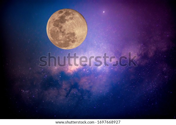 Star and moon concept, Super full moon\
and stars milky way galaxy on night background, beautiful sky on\
dark night for creative graphic design\
wallpaper