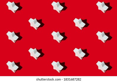 Star pattern. Red seamless background. Festive design. Satisfaction award. White figure minimalist symmetrical composition shading isolated on bright color.
