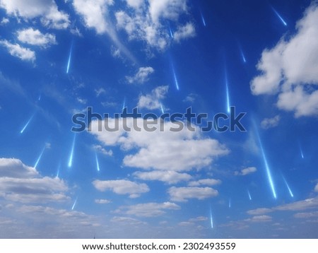 Star rain in the daytime sky. Falling stars on the background of clouds. Beautiful meteor shower, falling meteorites in the light of the sun.