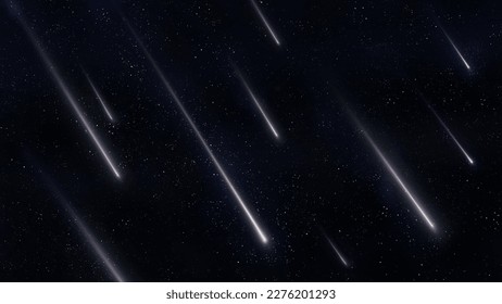 Star rain in the sky. Flashes of bright meteorites. Beautiful meteor shower, shooting stars.