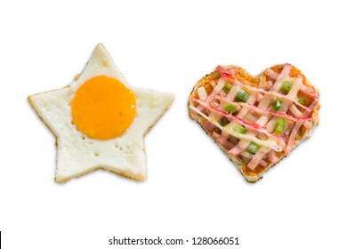 Star shape sunny side up and heart shape home made pizza, isolated on white, with clipping path