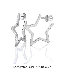 Star Shaped Silver Earring Studs Decorated With Diamonds Isolated On White Background