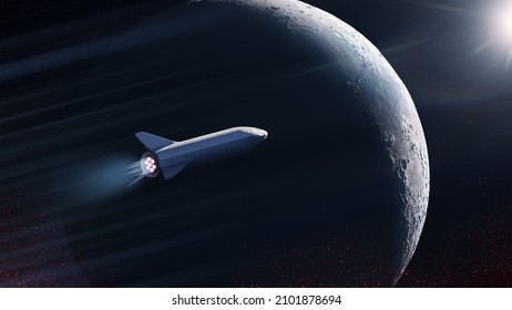 Star ship is flying in outer space on big Moon background. Elements of this image furnished by NASA. - Powered by Shutterstock
