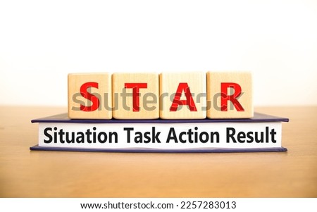 STAR situation task action result symbol. Concept words STAR situation task action result on wooden block on beautiful white background. Business STAR situation task action result concept. Copy space
