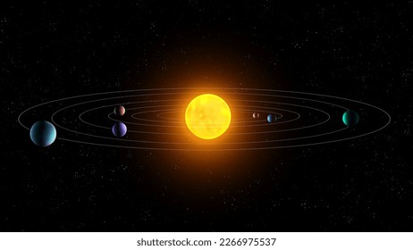 Star system model. Planets in orbit around the sun. Solar system consisting of six planets on a black background.