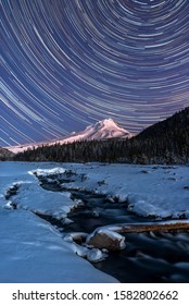 Star Trails Over Mt. Hood Oregon On A Cold Winter Night