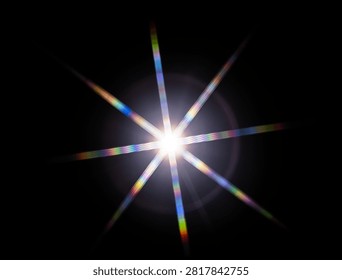 a starburst effect with distinct rainbow-colored diffraction streaks, which occurs when white light from a single point source passes through a specialized optical pattern or structure