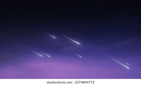 Starfall in the sky. Meteor stream in the upper atmosphere. Meteors on a dark background.