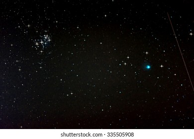 Starfield with Comet Lovejoy, Falling Star and Pleiades, Jan. 17, 2015 in Germany - Powered by Shutterstock