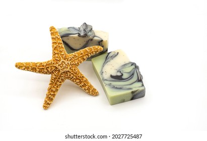 Starfish With Beautiful Organic, Homemade Soap Isolated On White Background With Copy Space