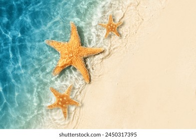 Starfish on the summer beach in sea water. Summer background. Summer time.