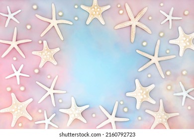 Starfish and pearl seashell border on rainbow sky cloud background. Abstract ethereal summer nature composition. Flat lay, top view, copy space.