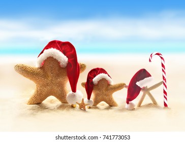 starfish in red santa hat on sandy beach and candy - Powered by Shutterstock