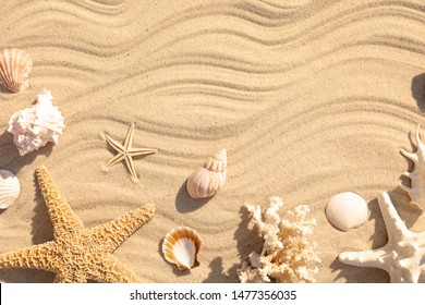 Starfishes and seashells on beach sand with wave pattern, flat lay. Space for text - Powered by Shutterstock