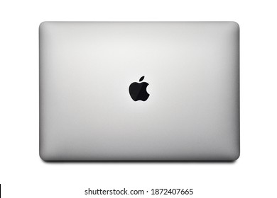 STARIY OSKOL, RUSSIA - DECEMBER 10, 2020: Macbook air with M1 chip 2020 on a white background top view