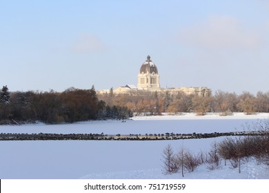 Stark Beauty Of Saskatchewan Legislature Building From Wascana Lake