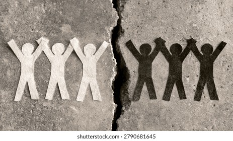 A stark image of two groups of paper people, one white and one black, separated by a deep crack in a textured surface, representing social division and conflict.