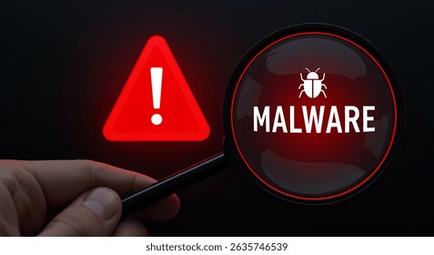 A stark visual warning of malware detection, highlighted by a magnifying glass and red alert, emphasizes cybersecurity threats and the importance of data protection. - Powered by Shutterstock - Get 15% off with code: PIKWIZARD15