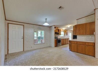 Starke, FL USA - June 26 2022: Large living room area in a modular home