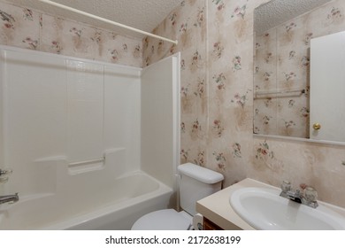 Starke, FL USA - June 26 2022: Bathroom in a modular home with wallpaper