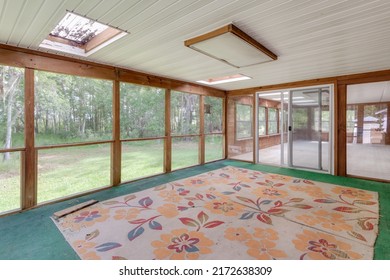Starke, FL USA - June 26 2022: Large screened in patio in a modular home