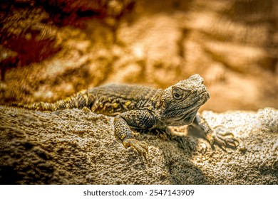 Starred Agama Lizard Basking on Rock in Sunlit Habitat - Powered by Shutterstock