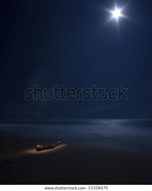 starry moon on night sea with beach and tree trunk\
painted with light