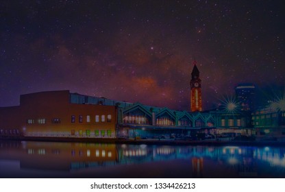 Starry Night Aerial View Of Hoboken,Hoboken Waterfront In New Jersey.