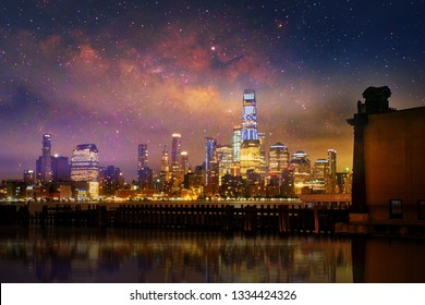 Starry Night Aerial View Of New York City,New York. Manhattan Skyline At Night.