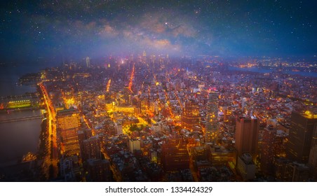 Starry Night Aerial View Of New York City,New York. Manhattan Skyline At Night.