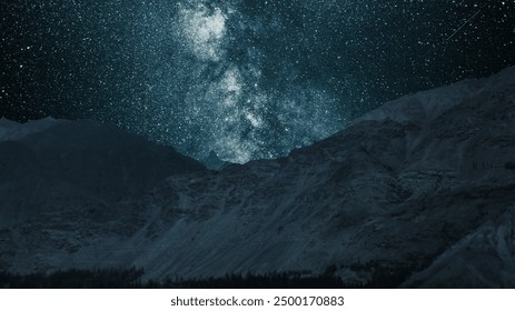 Starry night sky landscape of an Alpine mountain valley featuring a cluster of stars with dark sky background in Gilgit-Baltistan, Pakistan. - Powered by Shutterstock