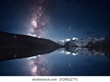 Starry night sky with Milky Way over mountain reflection in tranquil lake. - Powered by Shutterstock