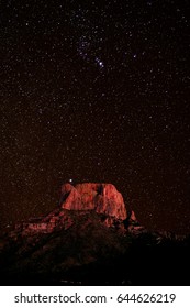 Starry Night Sky Over Casa Grande Peak Of Chisos Mountain Range, Big Bend National Park, Texas, USA