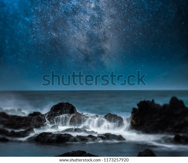 Starry Night Sky Over Ocean Astrophotography Stock Photo Edit Now