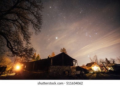 Starry night sky over rustic home in countryside with bare tree branches. 
