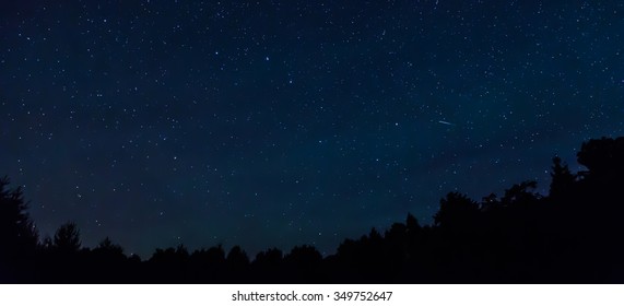 Starry Night Sky With A Shooting Star And A Treeline In The Foreground. 