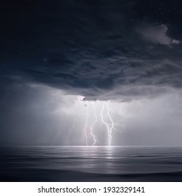 Starry night with Thunderstorm. Night thunderstorm with lightning above the sea