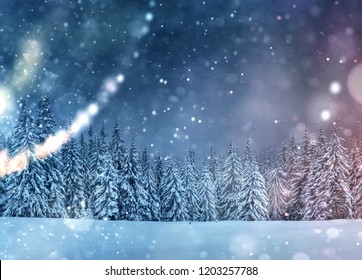 Starry sky in winter snowy night. Fantastic milky way in the New Year's Eve. Beautiful landscape and snow-covered pines on mountain slopes. Bokeh light effect, soft filter. Photo greeting card. - Powered by Shutterstock