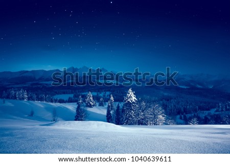 Starry winter night. Stunning night landscape. Sky full of stars over snowy mountains and valley.