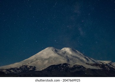 Stars of the Milky Way at night in the sky above Mount Elbrus., Caucasus. The highest peak of Russia and Europe is 5642m.
