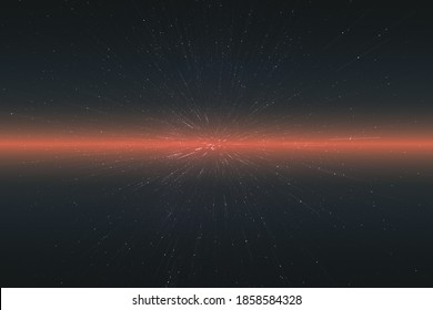 Stars And Space With Motion Blur And Red Distance Perspective Effect. Universe Big Bang Explosion Fantasy Conceptual Image.