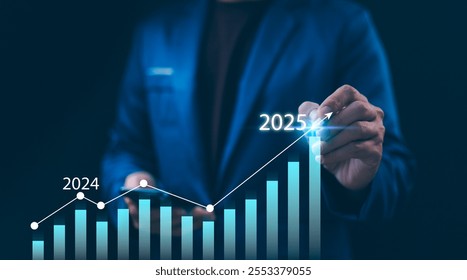 Start 2025 new year. Business growth 2024 to 2025. Businessman pointing at arrow graph New Year Business Goals 2025. Financial growth or rising interest rates. Future trends and strategic forecasting.