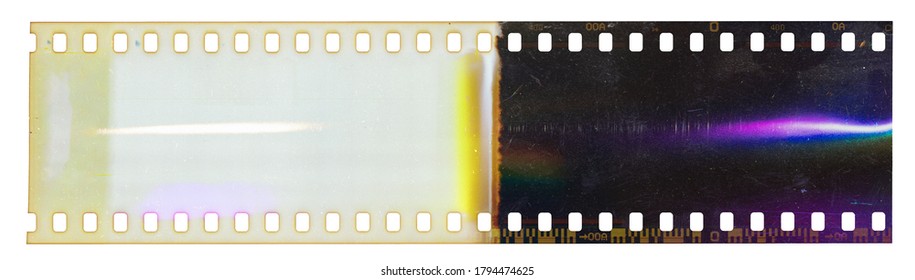 Beginnen Sie mit einem 35-mm-Negativfilmstreifen, einem ersten Rahmen auf weißem Hintergrund, einem echten Scan von Filmmaterial mit coolem Regenbogen-Scan-Licht-Interferenzen auf dem Material.